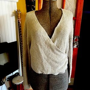 NWT. Very light green free people faux wrap around sweater Sz L
